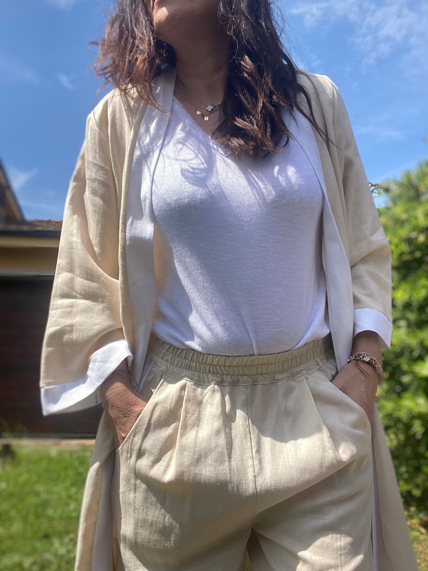 Charlotte Kimono donna in Lino e viscosa colore panna e bianco