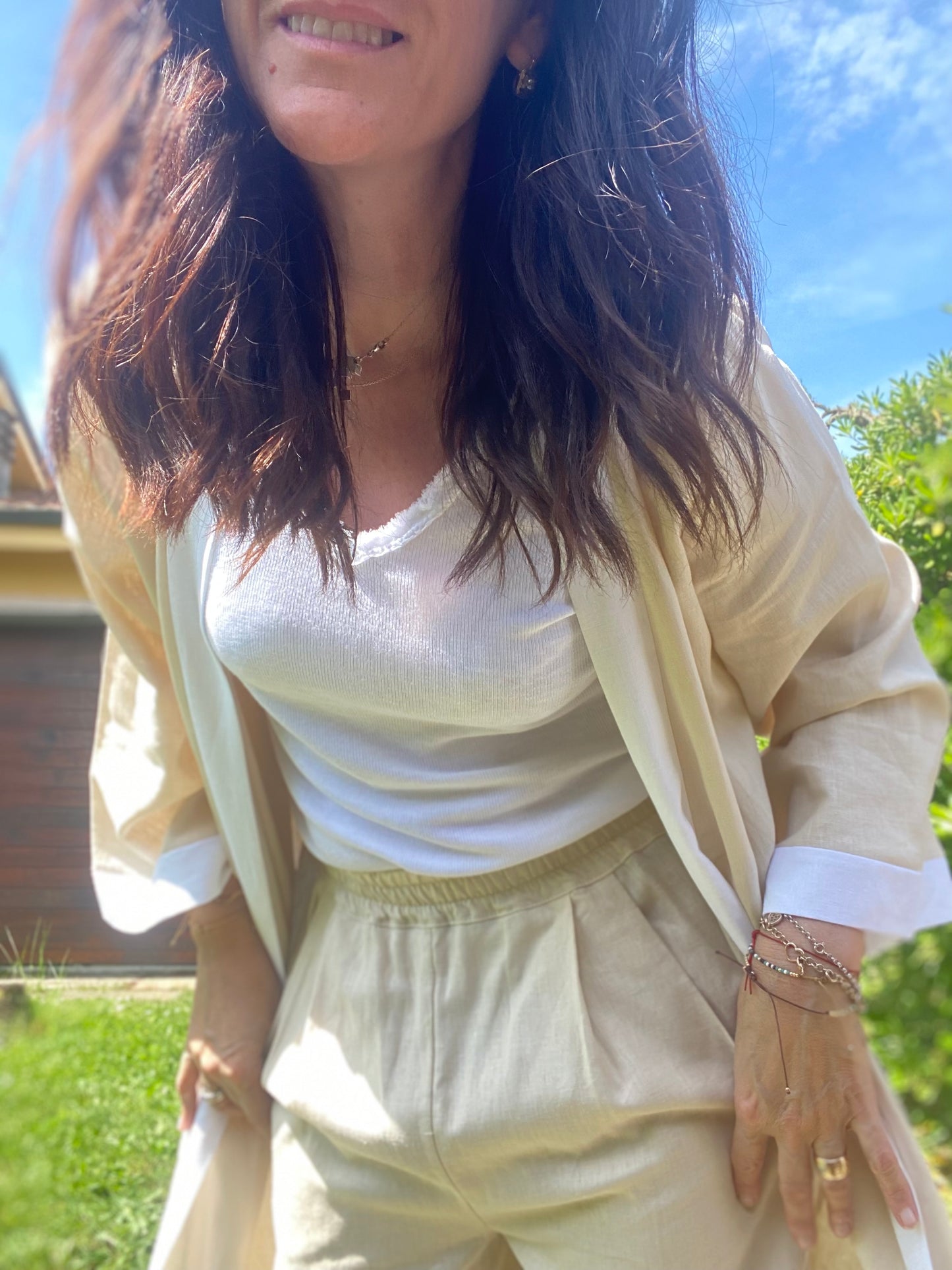 Charlotte Kimono donna in Lino e viscosa colore panna e bianco