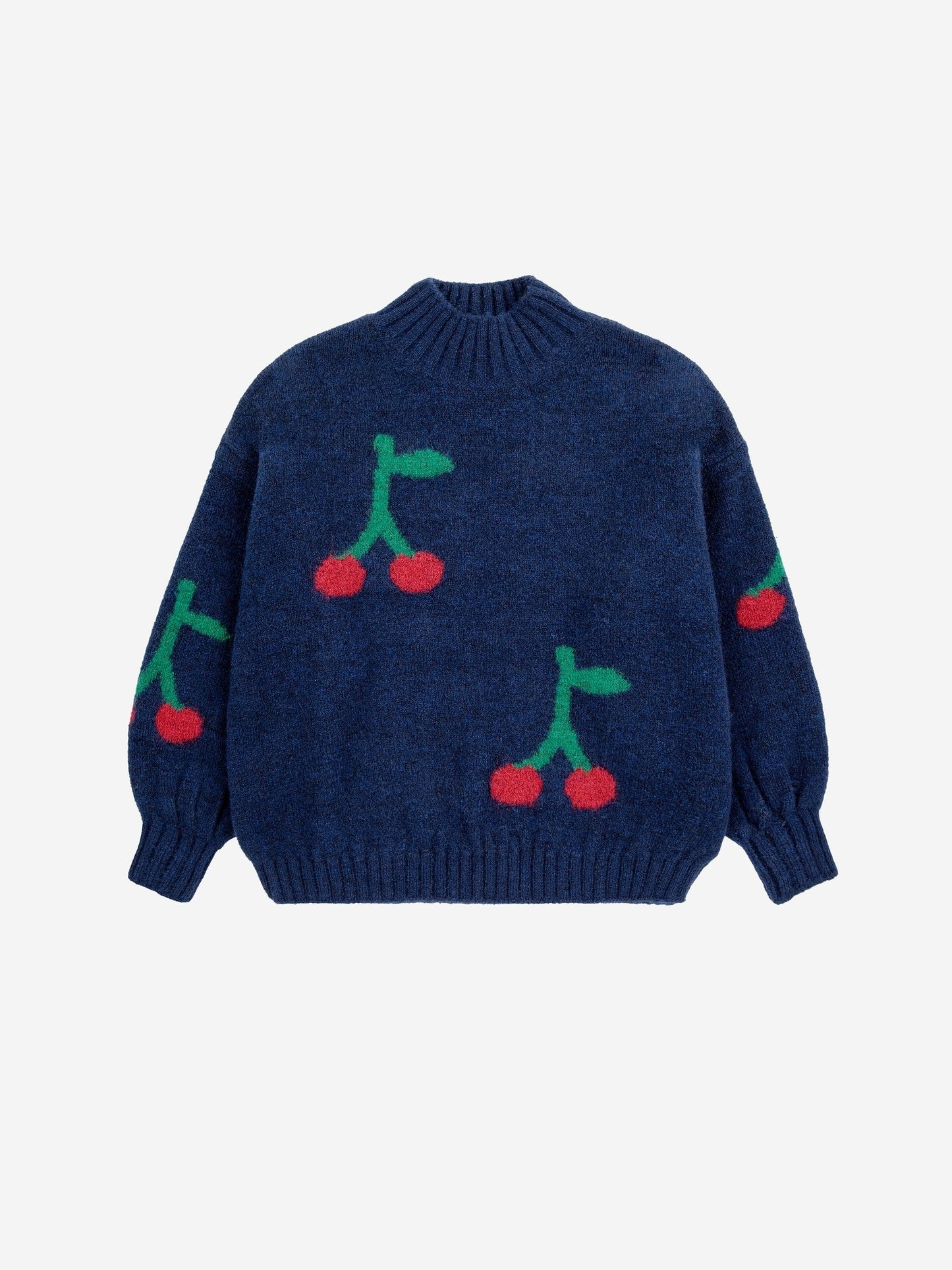 Maglione mezzo collo misto lana colore blu ricamo ciliegie