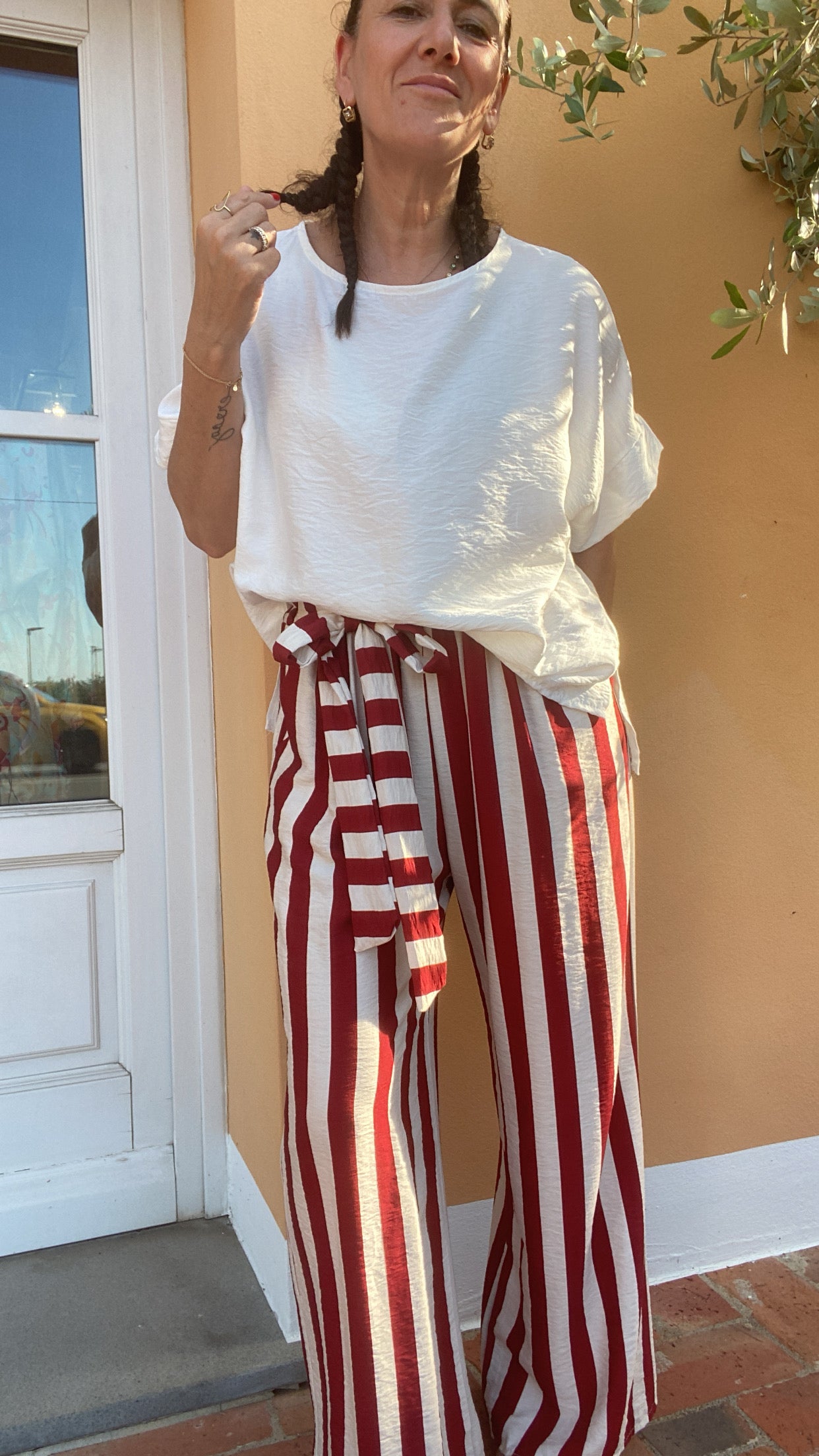 Pantalone Roan righe latte borgogna