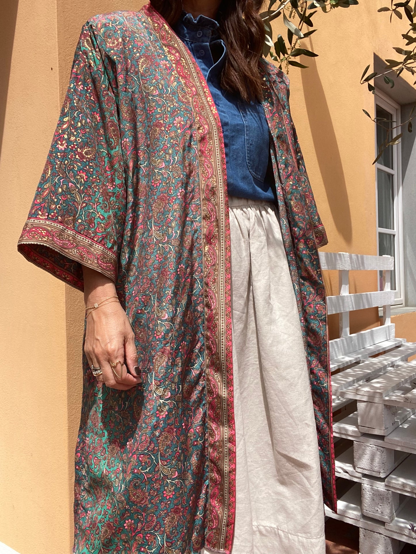 Kimono India verde e bordeaux