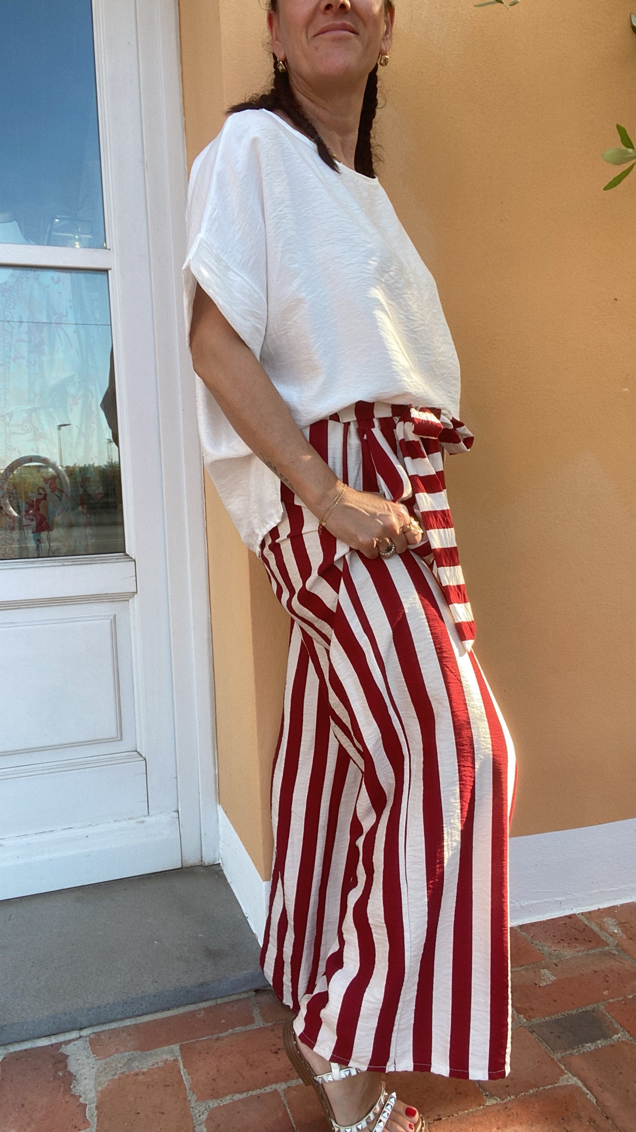 Pantalone Roan righe latte borgogna