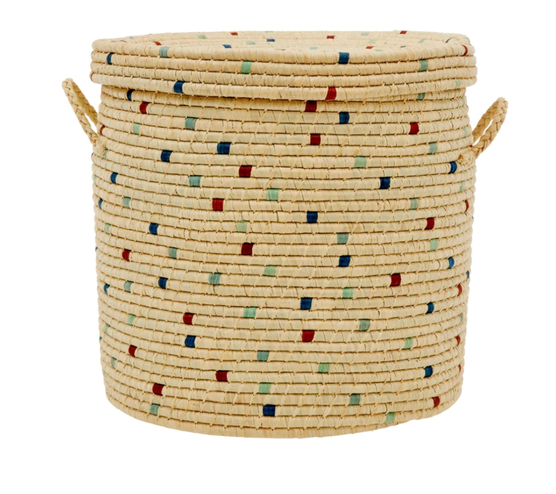 Cesta grande portabiancheria in rafia dettagli blu