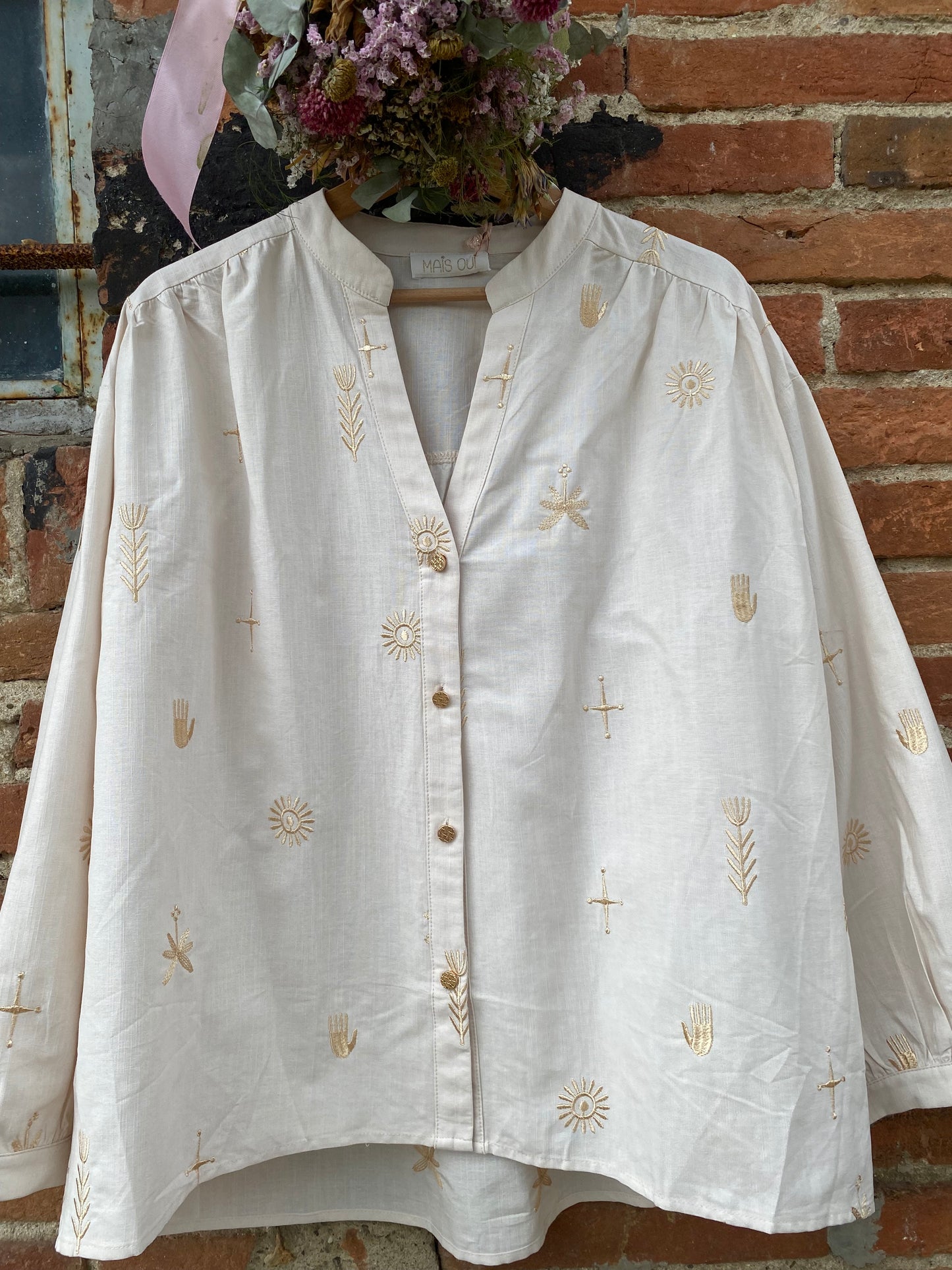 Adèle camicia cotone bianco sporco ricami oro