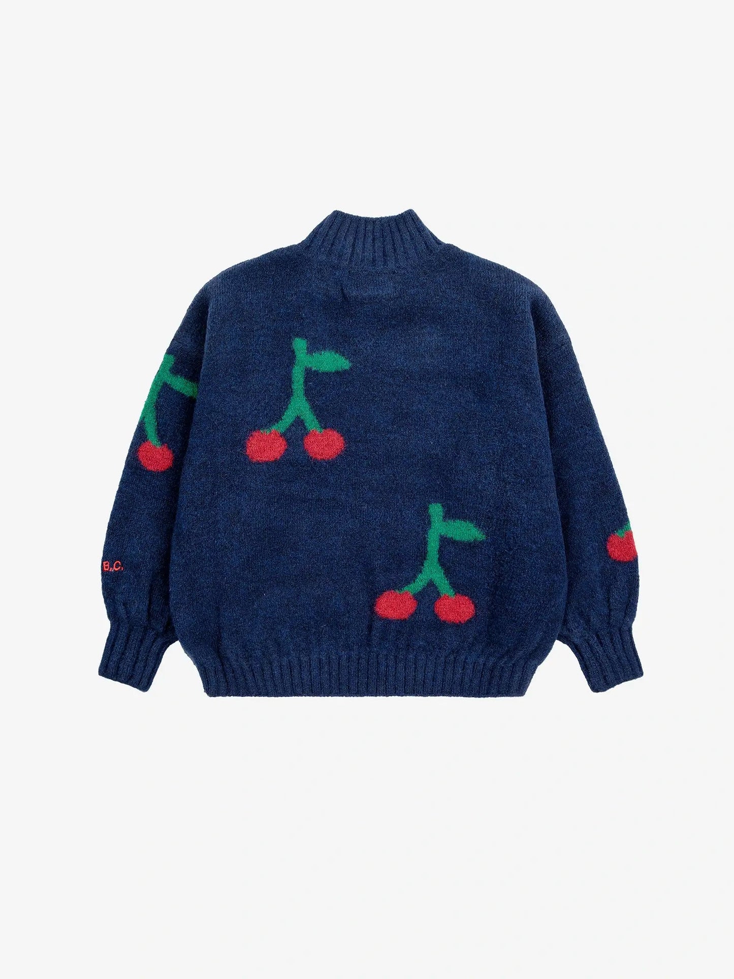 Maglione mezzo collo misto lana colore blu ricamo ciliegie