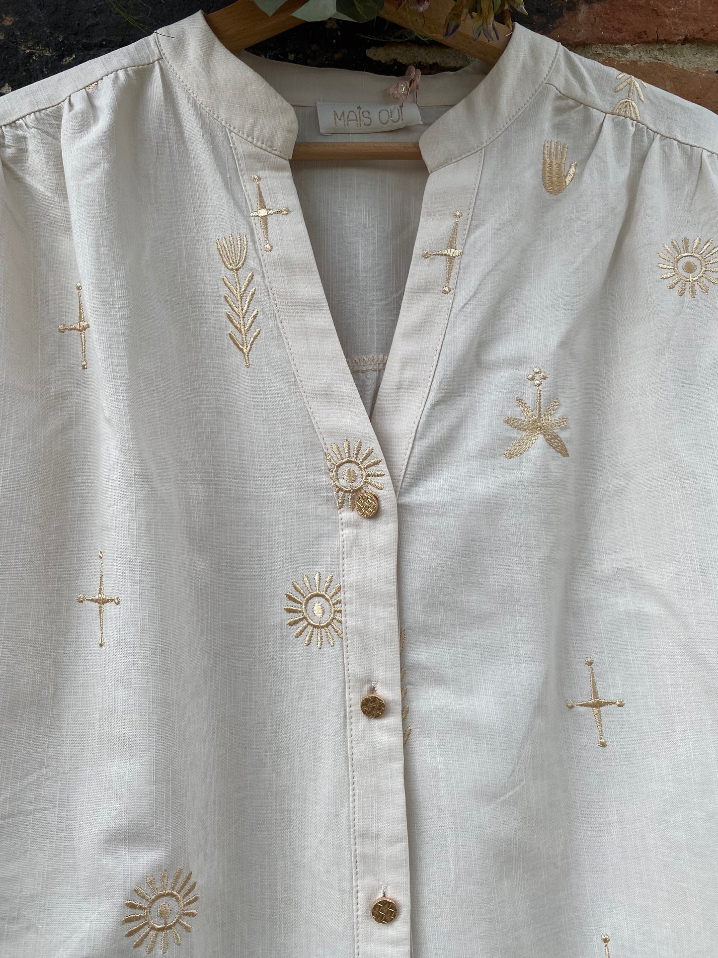 Adèle camicia cotone bianco sporco ricami oro