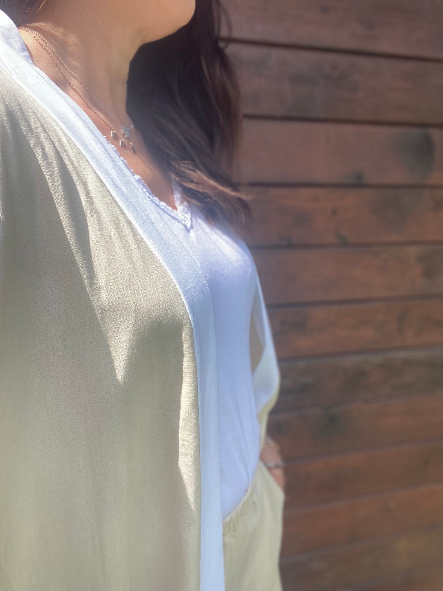 Charlotte Kimono donna in Lino e viscosa colore panna e bianco