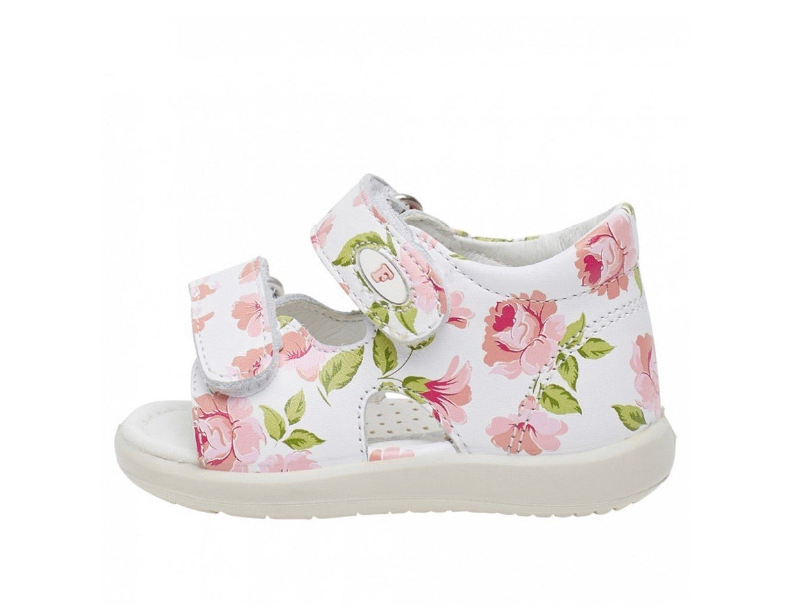 Sandalini in pelle bianca stampa fiori rosa