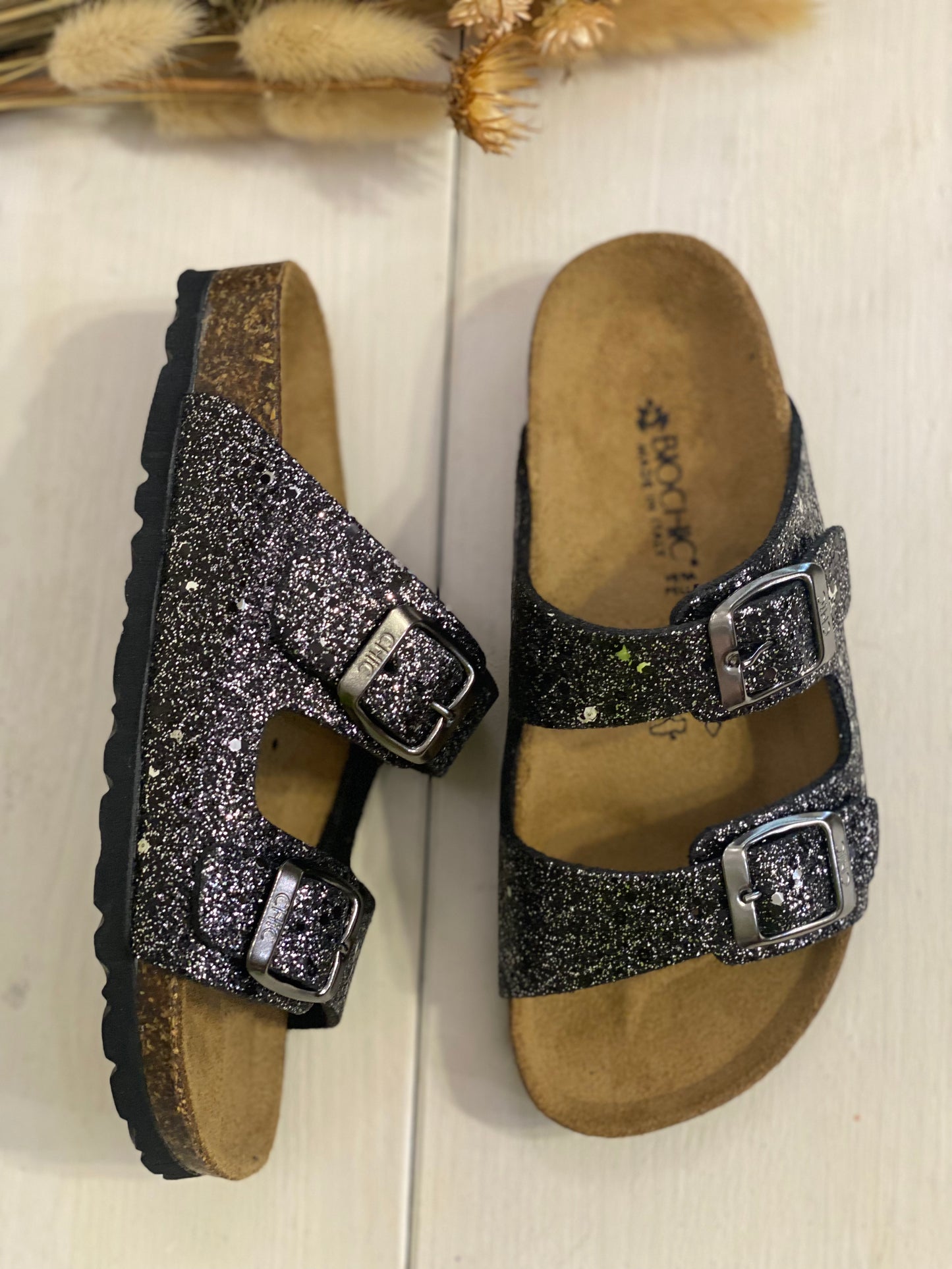 BIOCHIC ciabatta in tessuto glitter colore nero