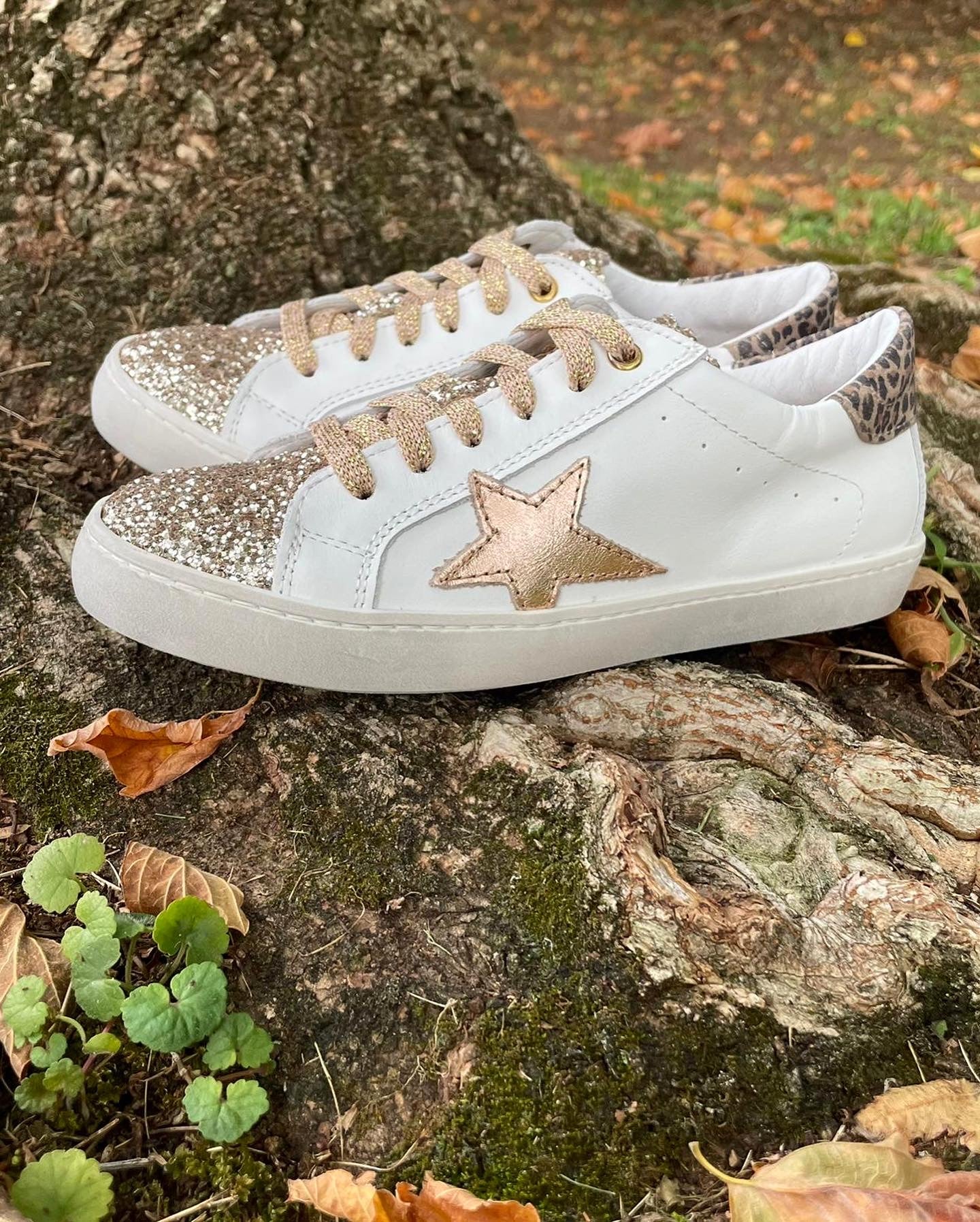 DIANETTI sneakers in pelle bianca stella oro rosa