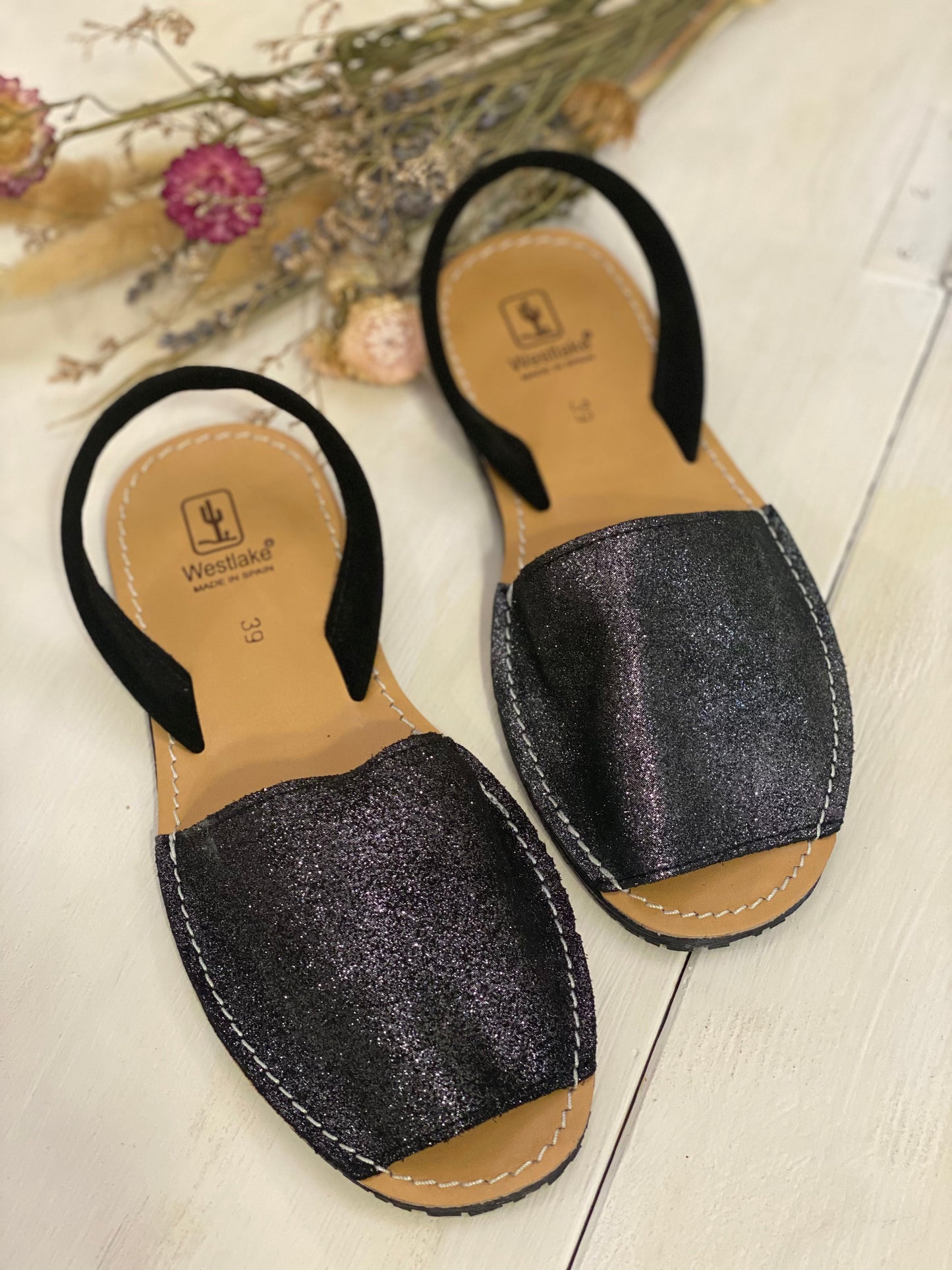MINORCHINA sandalo donna pelle glitter nero