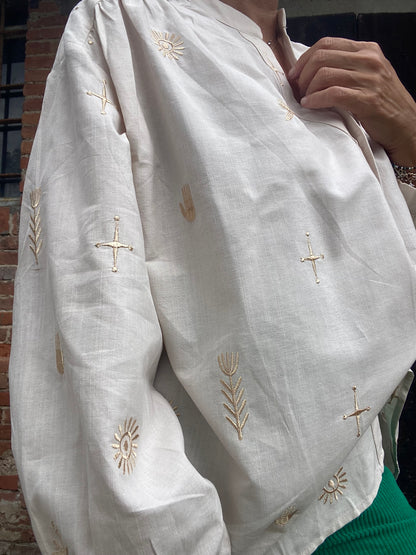 Adèle camicia cotone bianco sporco ricami oro