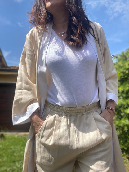 Charlotte Kimono donna in Lino e viscosa colore panna e bianco