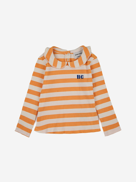 T-shirt bambina in cotone a costine righe panna e giallo