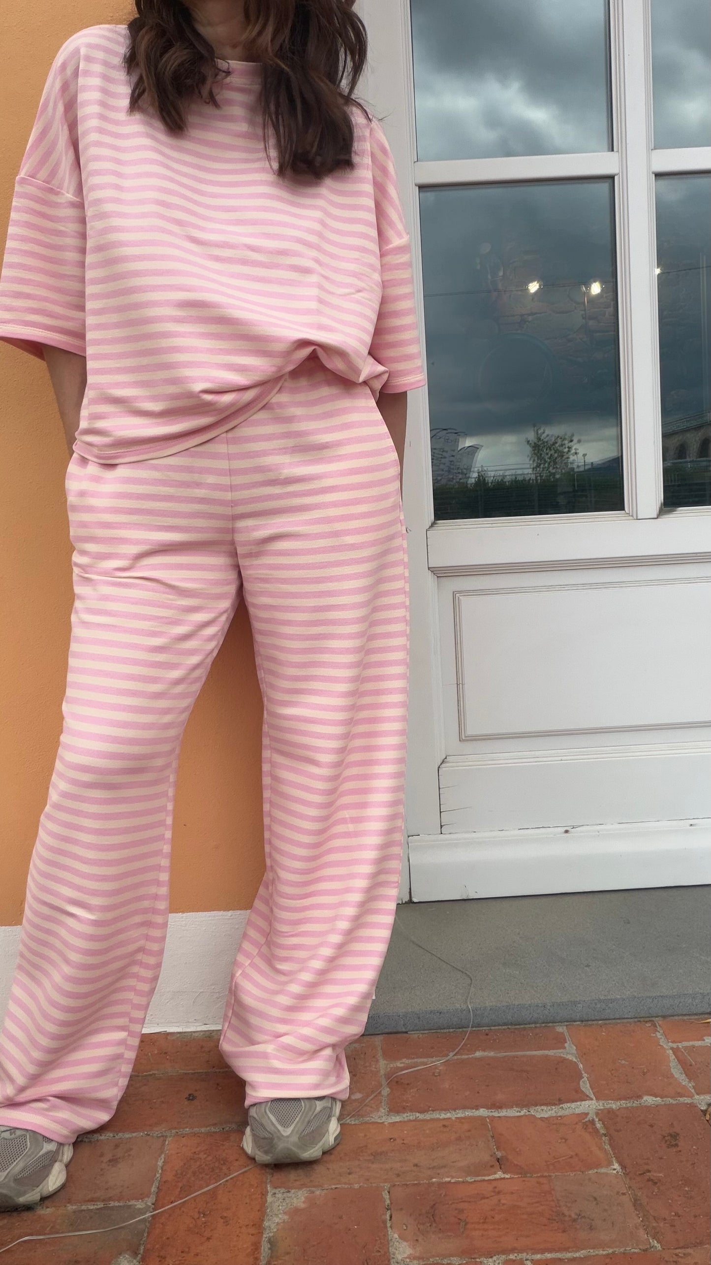 Completo Mimì righe rosa panna