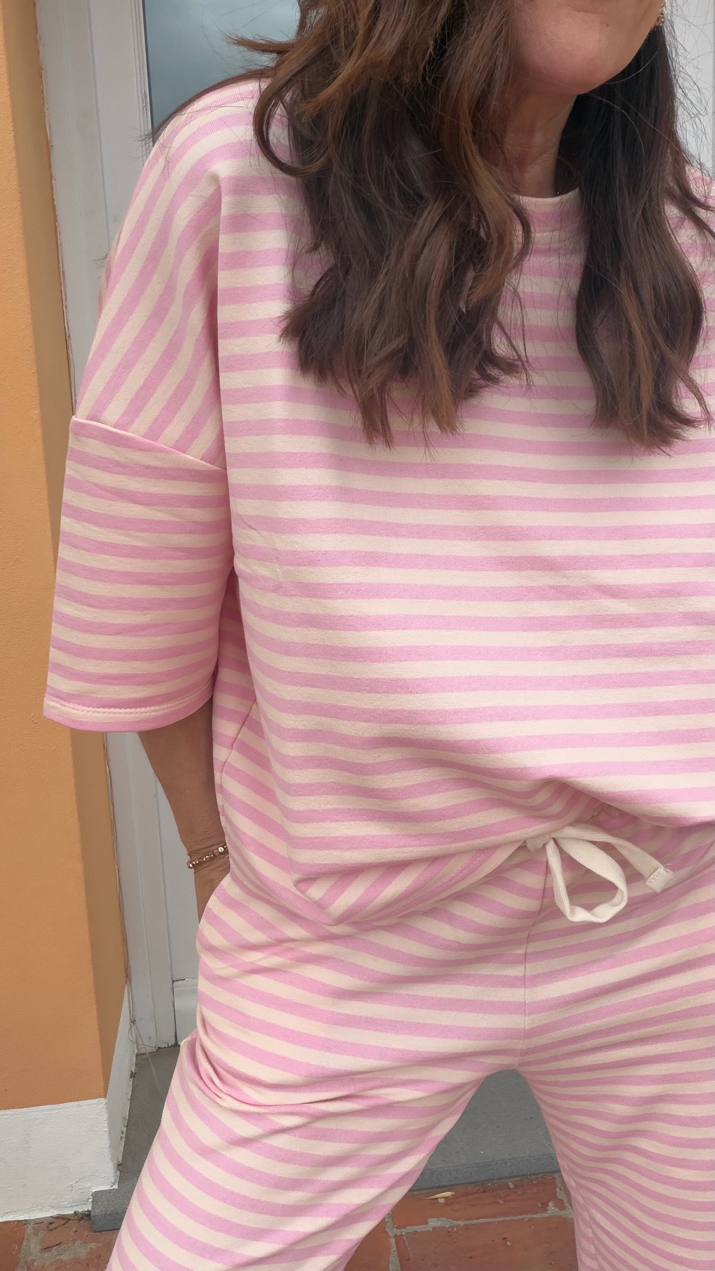 Completo Mimì righe rosa panna
