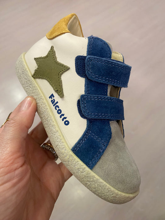 Sneakers bambino pelle bianco grigio azzurro stella verde