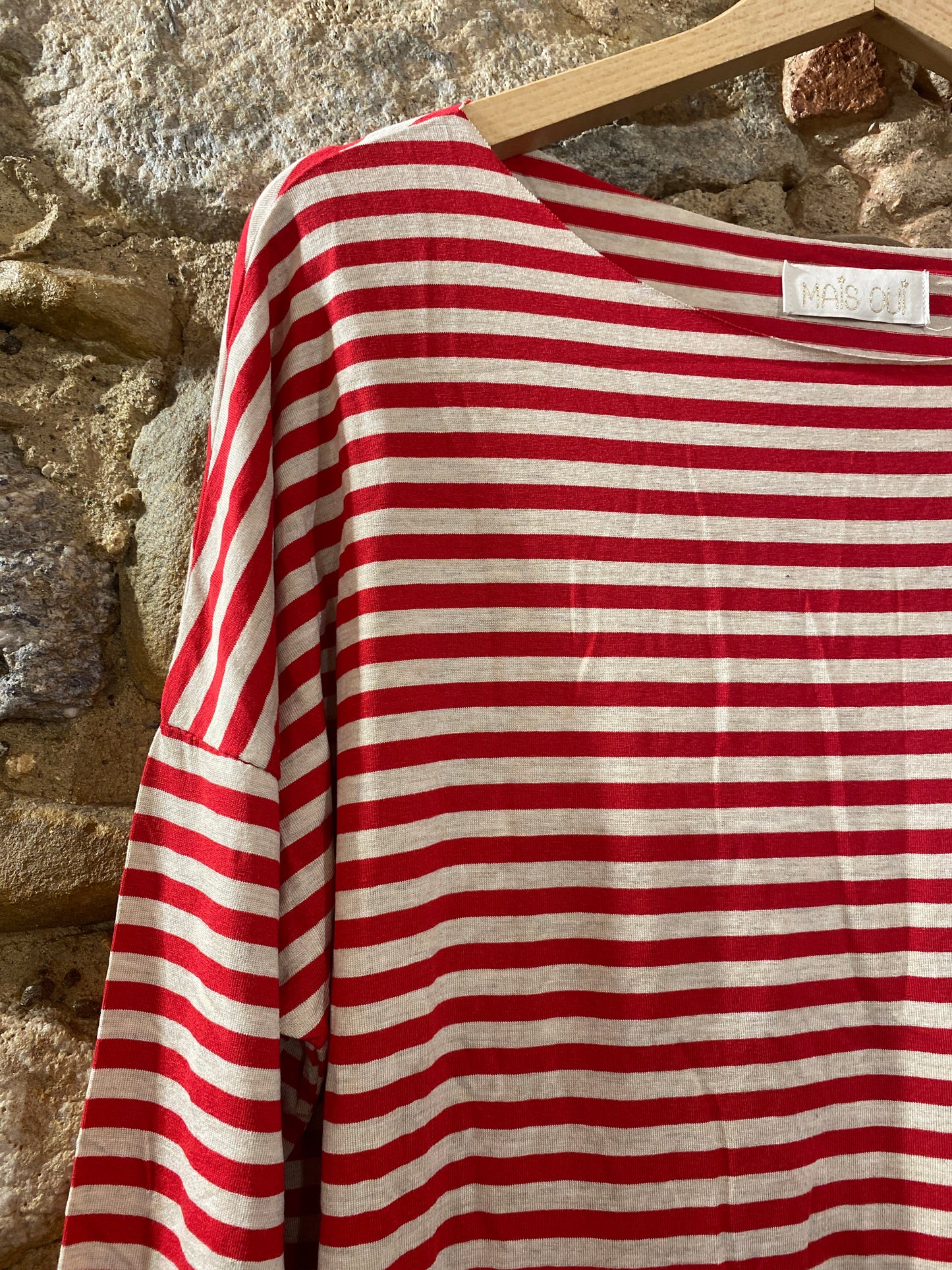 T-shirt Basic riga sottile beige/rosso