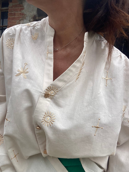Adèle camicia cotone bianco sporco ricami oro