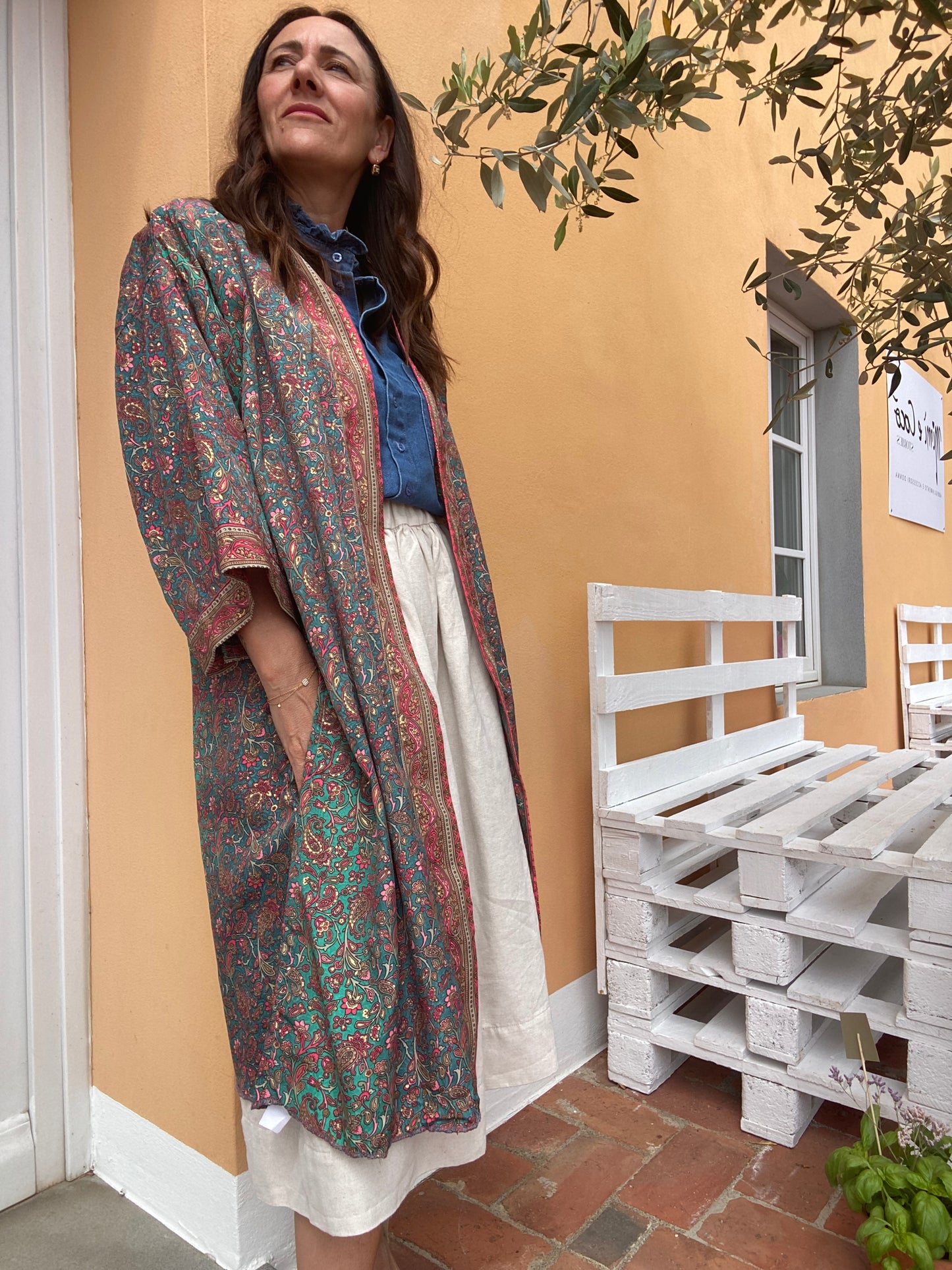 Kimono India verde e bordeaux
