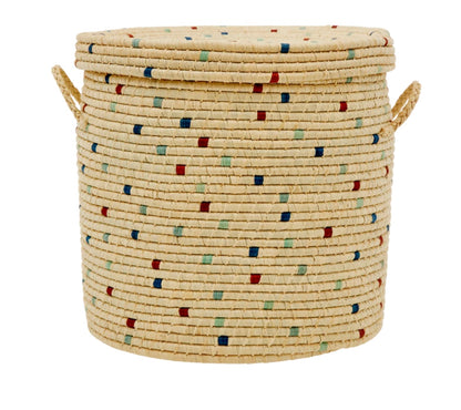 Cesta grande portabiancheria in rafia dettagli blu
