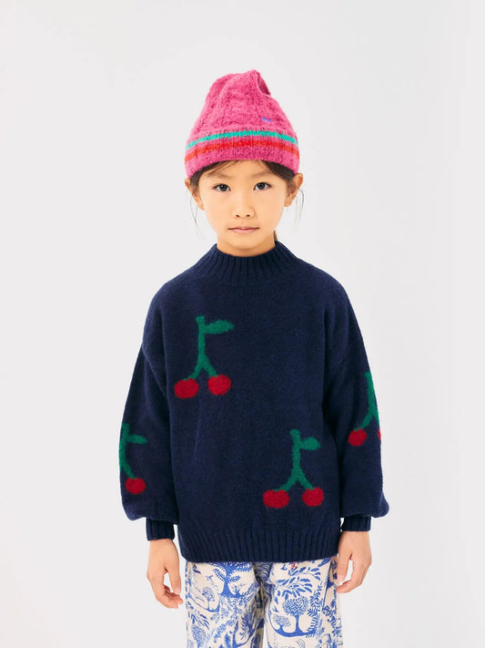 Maglione mezzo collo misto lana colore blu ricamo ciliegie