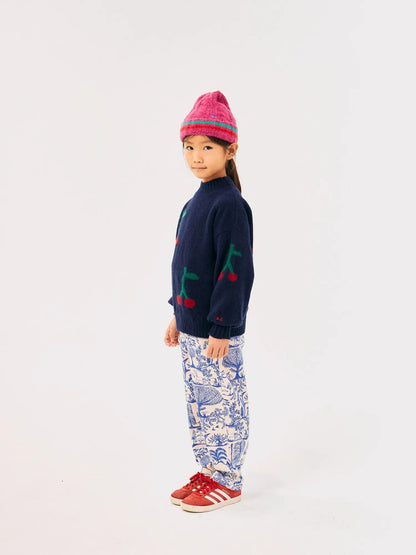 Maglione mezzo collo misto lana colore blu ricamo ciliegie