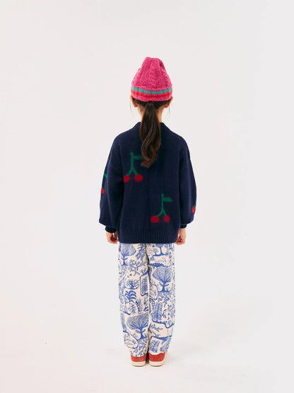 Maglione mezzo collo misto lana colore blu ricamo ciliegie