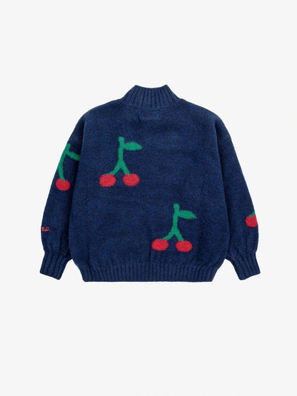Maglione mezzo collo misto lana colore blu ricamo ciliegie