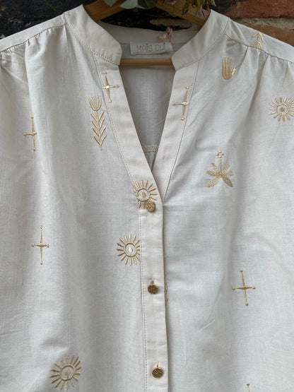 Adèle camicia cotone bianco sporco ricami oro
