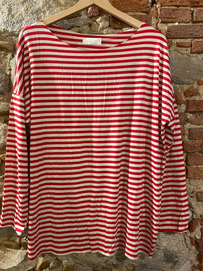 T-shirt Basic riga sottile beige/rosso