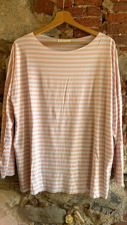 T-shirt Basic riga sottille bianco rosa