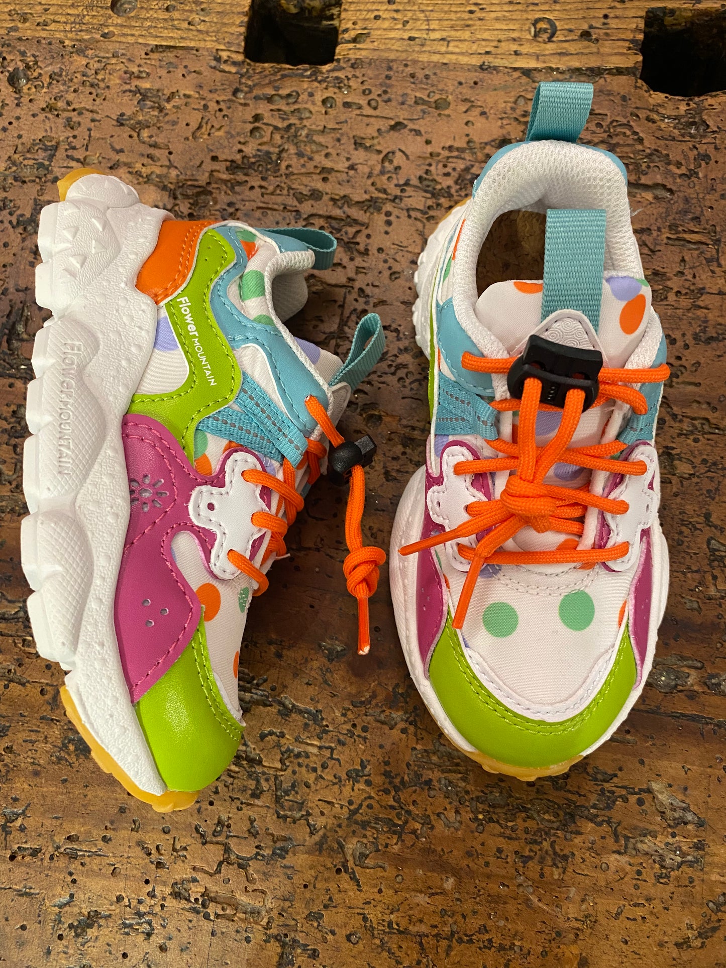 Sneakers in tessuto e pelle multicolor, verde/rosa/azzurro e pois