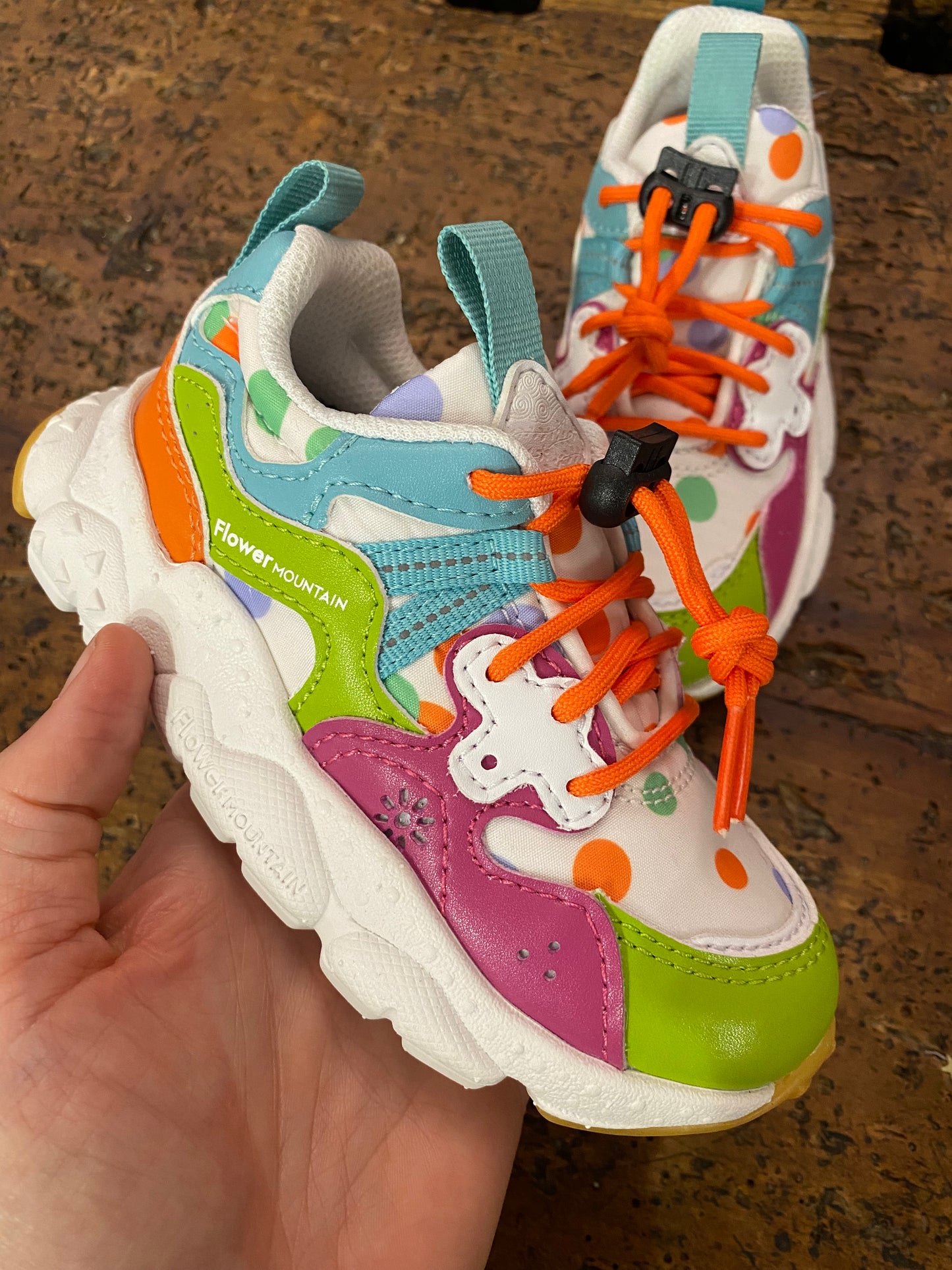 Sneakers in tessuto e pelle multicolor, verde/rosa/azzurro e pois