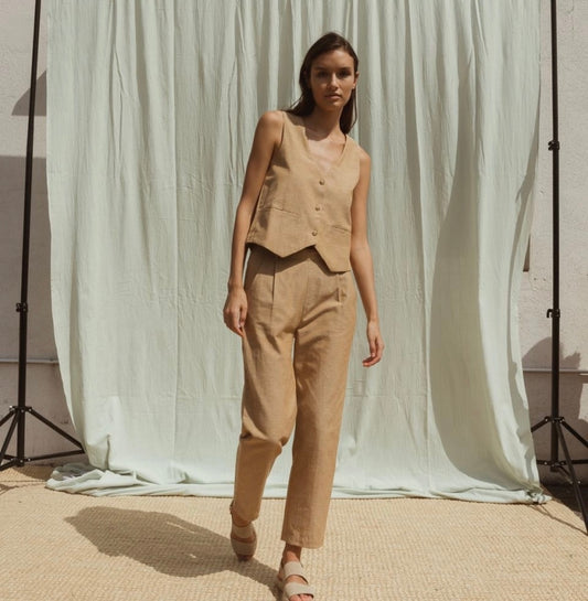 Pantaloni donna in misto Lino colore camel