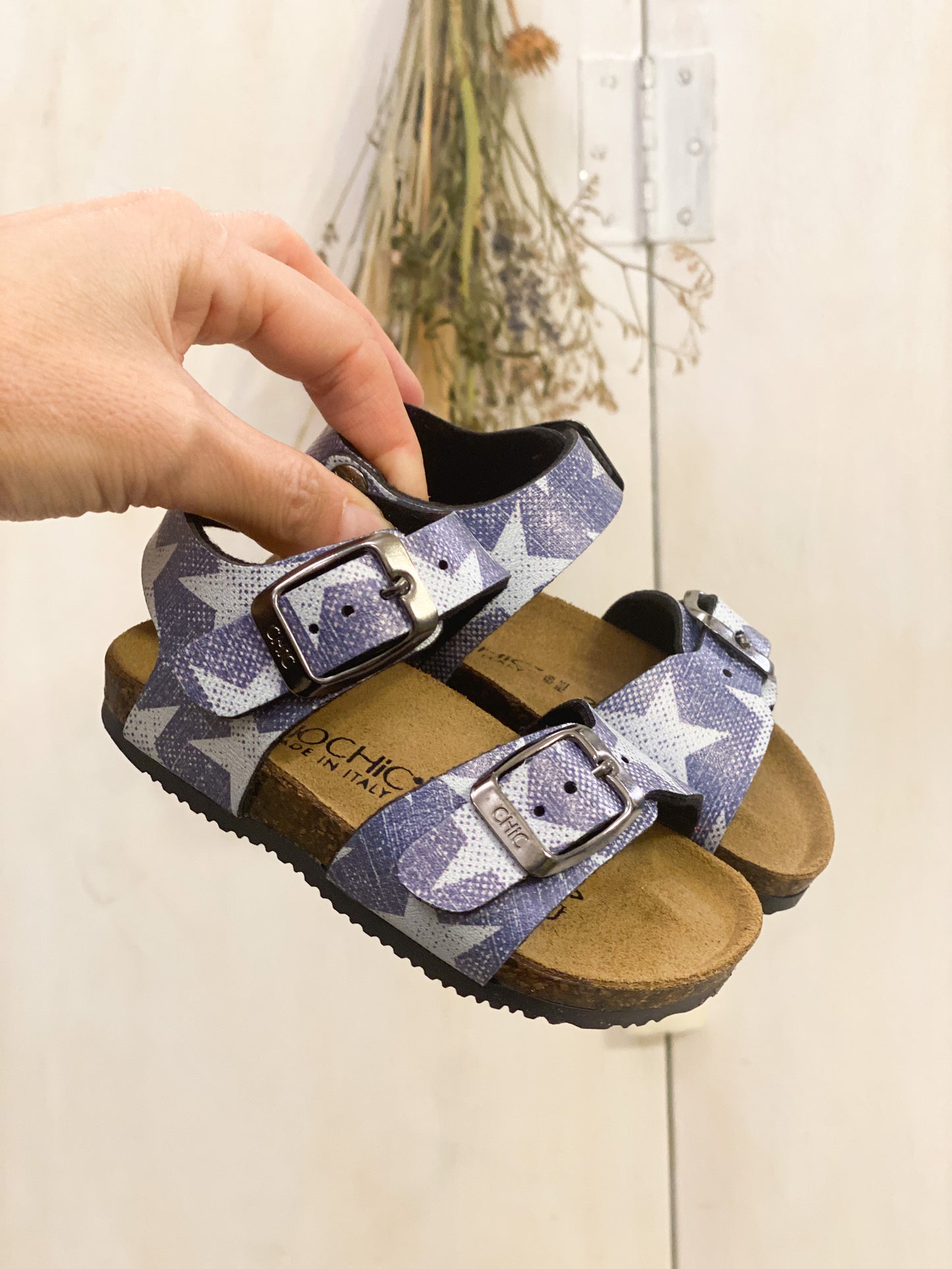 BIOCHIC sandali bambino in pelle colore jeans stampa stelle