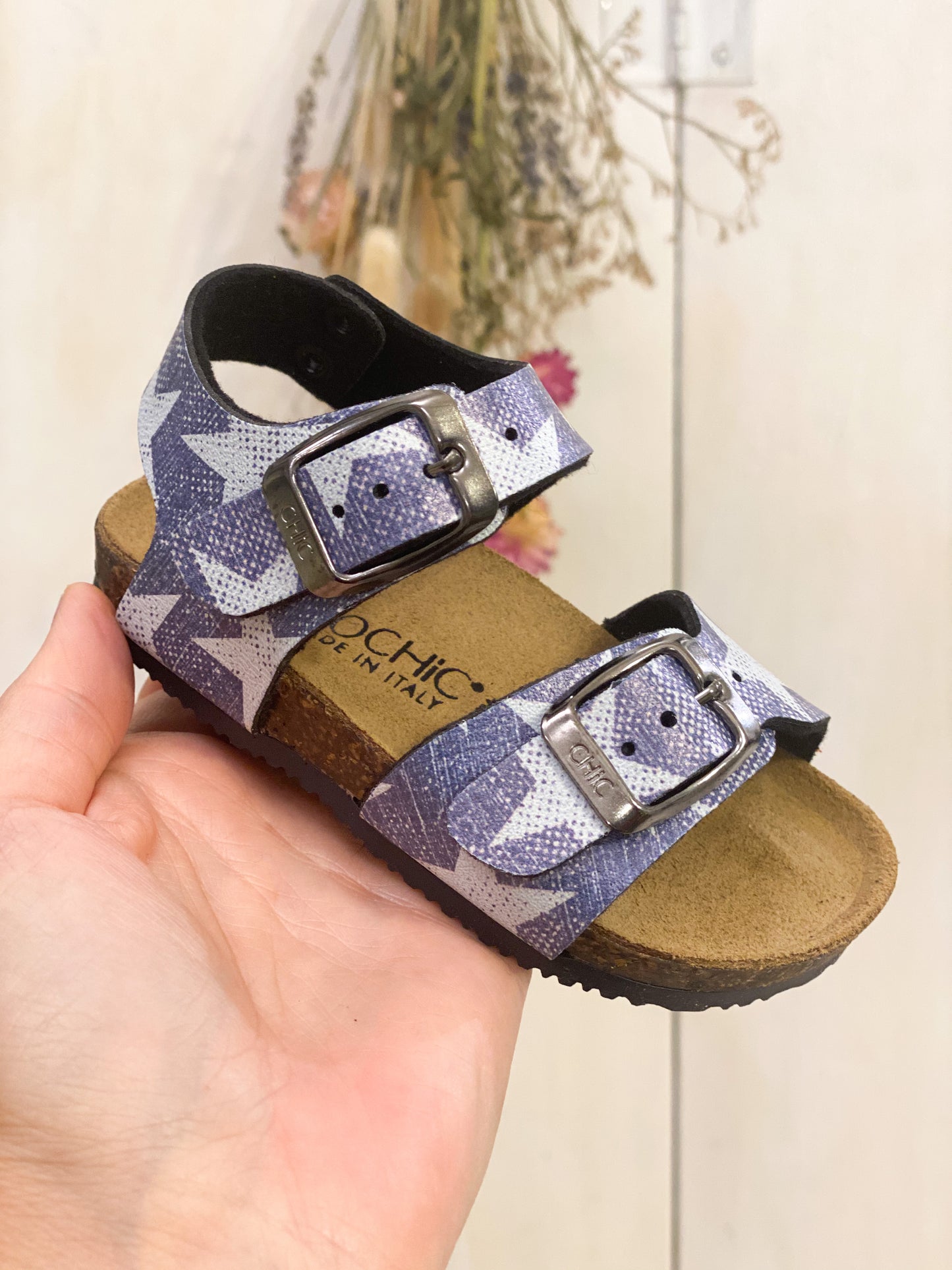 BIOCHIC sandali bambino in pelle colore jeans stampa stelle